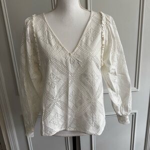 SEZANE Women’s Cream V-Neck Eyelet Peasant Top Size 38, US 6